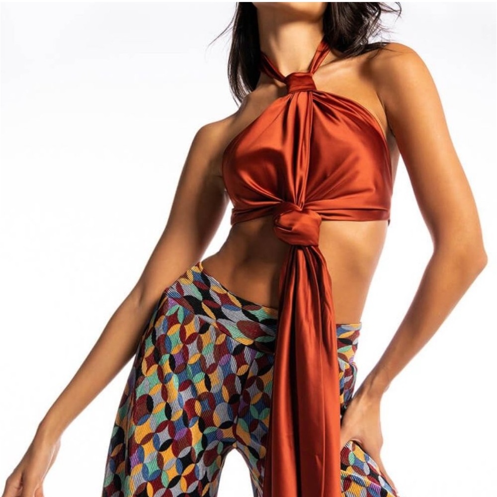 Upscale Shiny Satin Copper Tie Front Apron Halter Top - Picture 13 of 14